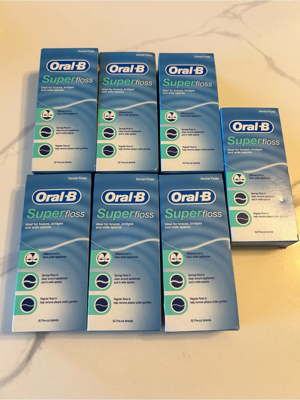 7 Packs of 50 Oral-B Superfloss Dental Floss - Blue Packaging